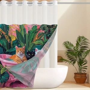 Detail of waterproof shower curtain with cats in pink bathtub and tropical plant leaves