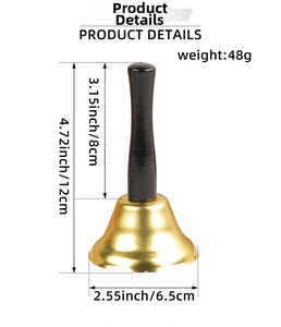 Detailed size chart of gold hand bell with wood handle showing 12cm height and 6.5cm diameter