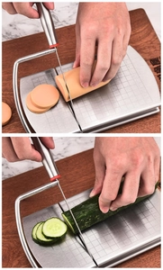 Detailed shot of stainless steel slicer cutting meat and veggies with scale grid