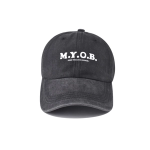 Vintage black washed cotton baseball cap featuring white M.Y.O.B. embroidered text