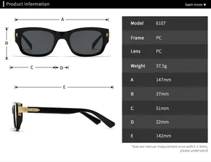 Size chart showing 6107 pilot sunglasses dimensions including frame width and lens height