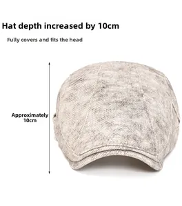 Detail showing vintage gray newsboy cap with 10cm depth and textured twill fabric