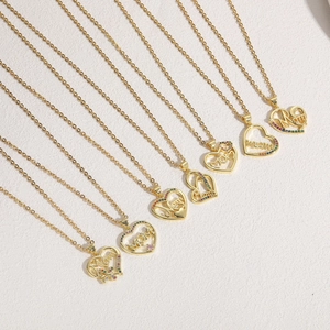 Golden 14K plated stainless steel heart necklace with Mom engraving and colorful zircon stones