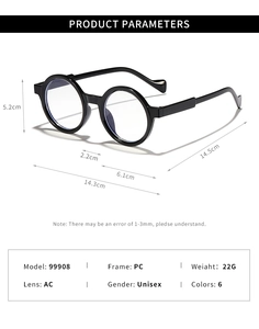 Detailed size chart for retro round frame glasses with dimensions and lightweight specs