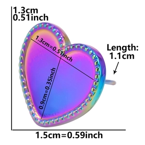 Detailed size specifications of heart-shaped iridescent stainless steel stud earrings