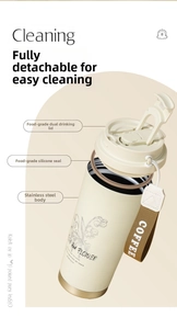 Detail view of the double-drink lid and floral stainless steel coffee tumbler with strap