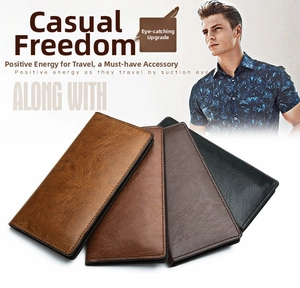 Detailed view of four business leather wallets in black, brown, and coffee tones