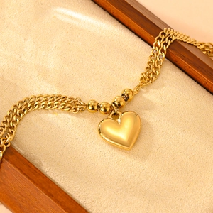 Collier double rang en acier inoxydable doré avec pendentif cœur et perles fines