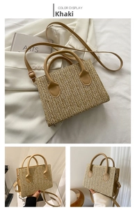 Detail of khaki woven handbag with herringbone pattern and adjustable shoulder strap