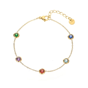 Goldenes Edelstahl-Gliederarmband mit fünf bunten runden Regenbogen-Edelsteinen im Kreis