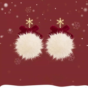 Boucles d'oreilles nœud rouge d'hiver avec pompon blanc et pendentifs flocon doré