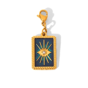 Detail of gold rectangular charm with blue enamel evil eye and sparkling crystal inlay