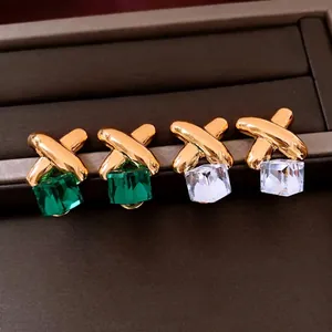 Vintage gold cross stud earrings with square green and clear crystal pendants