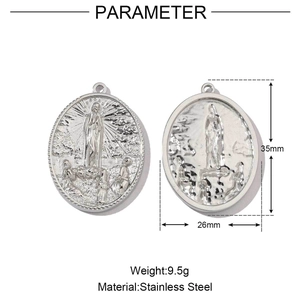 Polished stainless steel Virgin Mary pendant detailed size dimensions and 9.5g weight info