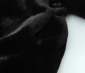 Détail macro de la texture de fausse fourrure noire sur un manteau d'hiver chic