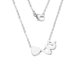 Polished silver heart pendant with lowercase cursive letter charm on thin cable chain