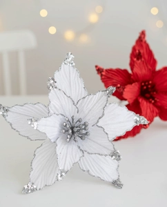 Detail of 25cm sequined Christmas poinsettia flowers with beaded stamens for tree decor
