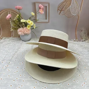 Women Paper Straw Boater Hat Wide Brim Sun Protection Grosgrain Ribbon Flat Top Elegant Summer Beach Vacation