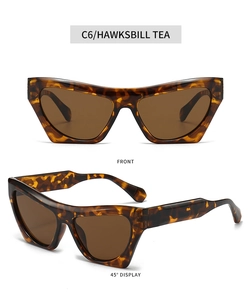 Front and 45-degree angle view of hawksbill tea cat eye sunglasses with brown lenses