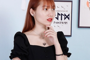 Polished silver heart pendant necklace and stud earrings set on a female model