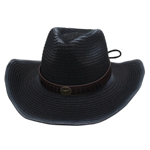Chapeau de cowboy noir en paille avec logo tête de taureau vintage et bande en cuir brun
