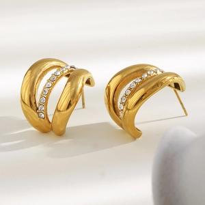 Close-up of 18K gold plated triple-layer C-hoop earrings with sparkling small crystals