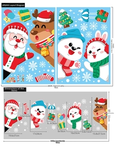 Size guide for Christmas window stickers featuring Santa Claus and reindeer decal dimensions