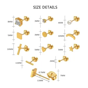 Size details of 11-piece 18K gold earring set featuring various shapes and crystals
