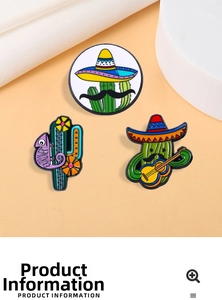 Detailed set of cactus enamel pins with guitar and extrovert chameleon designs