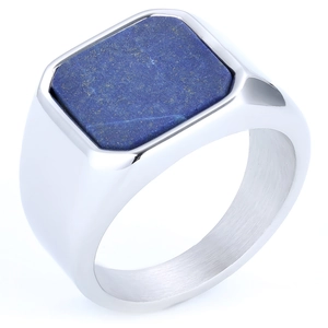 Macro shot of silver stainless steel signet ring with a rectangular blue lapis stone