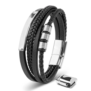 Men's multi-layer woven black leather bracelet with silver metal rings and magnetic clasp