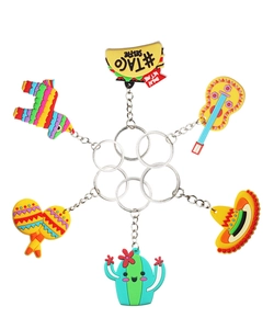 Set of six Mexican themed PVC keychains featuring piñata and taco for party favors