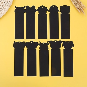Set of 10 DIY animal scratch art bookmarks in various shapes on yellow background
