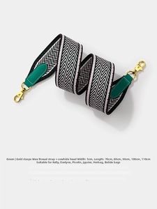 Close-up of 5cm wide colorful wax thread woven bag strap with green leather and gold clips