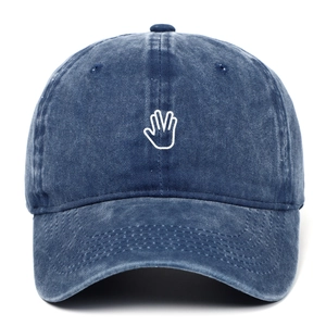 Vintage washed navy denim baseball cap featuring white palm embroidery in 6-panel design