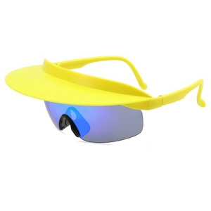 Sporty yellow visor sunglasses with blue-purple reflective wrap-around shield lenses