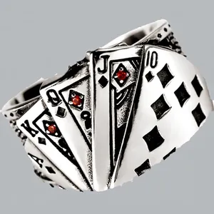 Retro-Silberring mit Poker-Flush-Design, roten Strasssteinen und industriellem Vintage-Stil