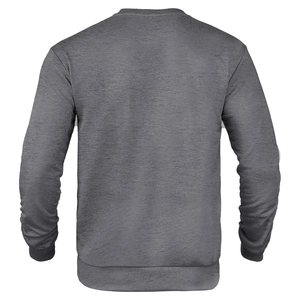 Detail view of grey knit crewneck sweatshirt featuring corduroy patchwork on the back panel