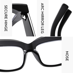 Detailed view of square cat-eye glasses with sturdy metal hinges and ergonomic temples
