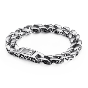 Men Vintage Stainless Steel Cuban Link Bracelet With Carved Totem Pattern Retro Industrial Punk Style Polished Jewelry