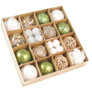 16-pack Christmas tree ornaments set with glitter, velvet and rattan balls in a craft box