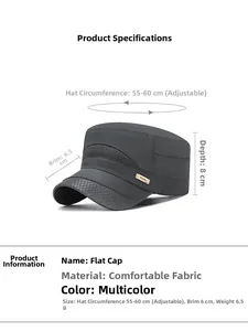 Size chart showing adjustable 55-60cm circumference for men's flat top mesh sun cap