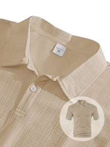 Close-up of khaki waffle texture fabric and polo collar on men short sleeve shirt