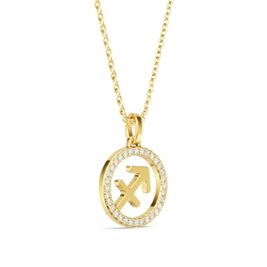 Golden Sagittarius zodiac pendant necklace with sparkling crystal halo on white background