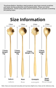Size specifications for gold stainless steel flower and heart long handle mixing spoons