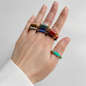 Natural Stone Beaded Ring Handmade Elastic Bohemian Style Finger Jewelry For Women