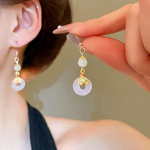 Boucles D-Oreilles Pendantes Vintage New Chinese Style Ping An Kou Cuivre Fleur Calcédoine Perle Strass Élégant Pour Femmes