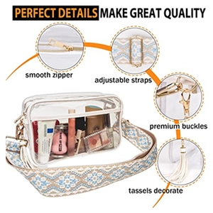 Clear PVC crossbody bag with bohemian embroidered strap and white tassel detail