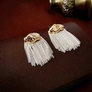 Irregular Golden Hammered Metal Chain Tassel Drop Earrings With 925 Sterling Silver Earring Post French Style Women