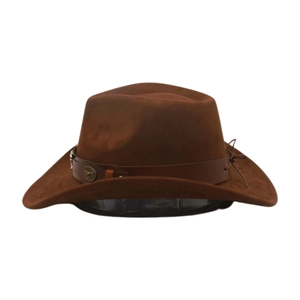 Close-up of brown suede cowboy hat featuring a leather band with metal bull head ornament